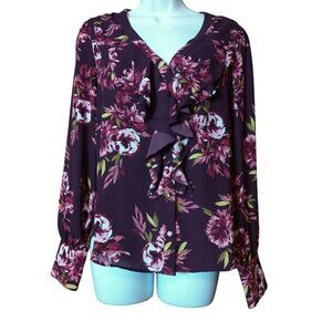 White House Black Market Women's Small Long Sleeve Floral Ruffle Blouse